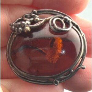 Vintage Baltic Amber Brooch Sterling Silver Oval Cabochon Grape Leaf Frame Pin
